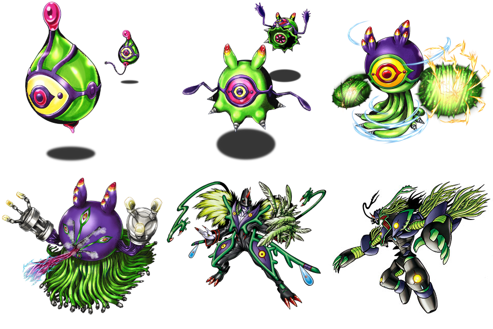 algomon_adult, algomon_baby_i, algomon_baby_ii, algomon_child, algomon_perfect, algomon_ultimate, digimon, evolution, evolutionary_line, extra_eyes, feathers, floating, monster, muscular, muscular_male, official_art, simple_background, tentacles, white_background, yellow_eyes