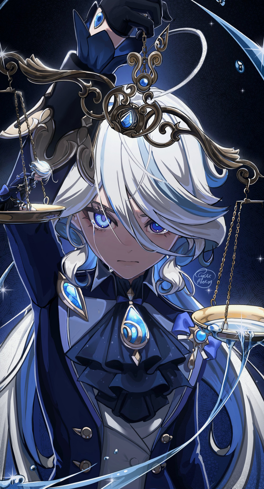 1girl, absurdres, arm_up, artist_name, ascot, balance_scale, black_background, black_gloves, blue_ascot, blue_brooch, blue_gemstone, blue_jacket, cowlick, crying, crying_with_eyes_open, cyclic_abelian, drop-shaped_pupils, furina_(genshin_impact), gem, genshin_impact, gloves, hair_over_one_eye, hand_up, heterochromia, highres, holding_scale, jacket, kodona, lolita_fashion, long_hair, looking_at_viewer, mini_person, minigirl, mismatched_pupils, solo, straight-on, tears, teeth, upper_teeth_only, wavy_hair, weighing_scale, white_hair