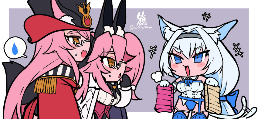 3girls, animal_ear_fluff, animal_ears, bare_shoulders, black_bow, black_gloves, black_headwear, blue_bow, blue_eyes, blue_leotard, blue_ribbon, blue_thighhighs, blush, bow, breasts, cat_ears, cat_girl, cat_tail, chibi, cloak, coat, corset, dobrynya_nikitich_(fate), dobrynya_nikitich_(third_ascension)_(fate), dress, dress_shirt, epaulettes, fate/grand_order, fate_(series), fox_ears, fox_girl, fox_tail, glasses, gloves, hacco_mayu, hair_between_eyes, hair_bow, hairband, hat, highres, koyanskaya_(assassin)_(second_ascension)_(fate), koyanskaya_(fate), koyanskaya_(foreigner)_(second_ascension)_(fate), large_breasts, leotard, long_hair, long_sleeves, low_ponytail, multiple_girls, open_mouth, pink_hair, rabbit_ears, red_coat, ribbon, shirt, short_dress, sidelocks, smile, tail, tamamo_(fate), thigh-highs, top_hat, twintails, white_cloak, white_dress, white_hair, white_shirt, yellow_eyes
