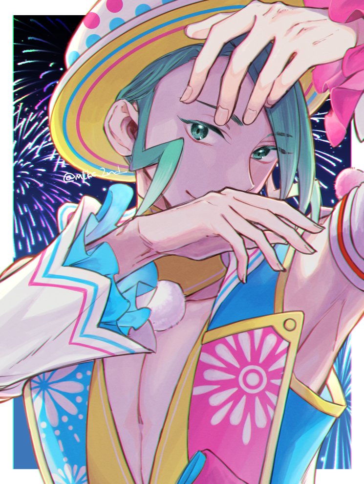 1boy, border, collarbone, detached_sleeves, green_eyes, green_hair, hat, looking_at_viewer, male_focus, mutsu_(hachimame), official_alternate_costume, outside_border, pokemon, polka_dot_headwear, pom_pom_(clothes), solo, upper_body, wallace_(new_year's_2024)_(pokemon), wallace_(pokemon), white_border, wide_sleeves