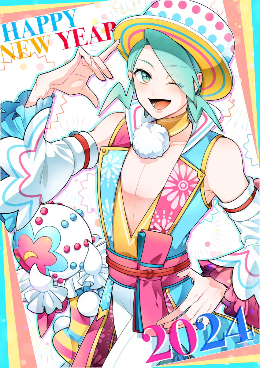 1boy, 2024, blacephalon, collarbone, detached_sleeves, ginkun, green_eyes, green_hair