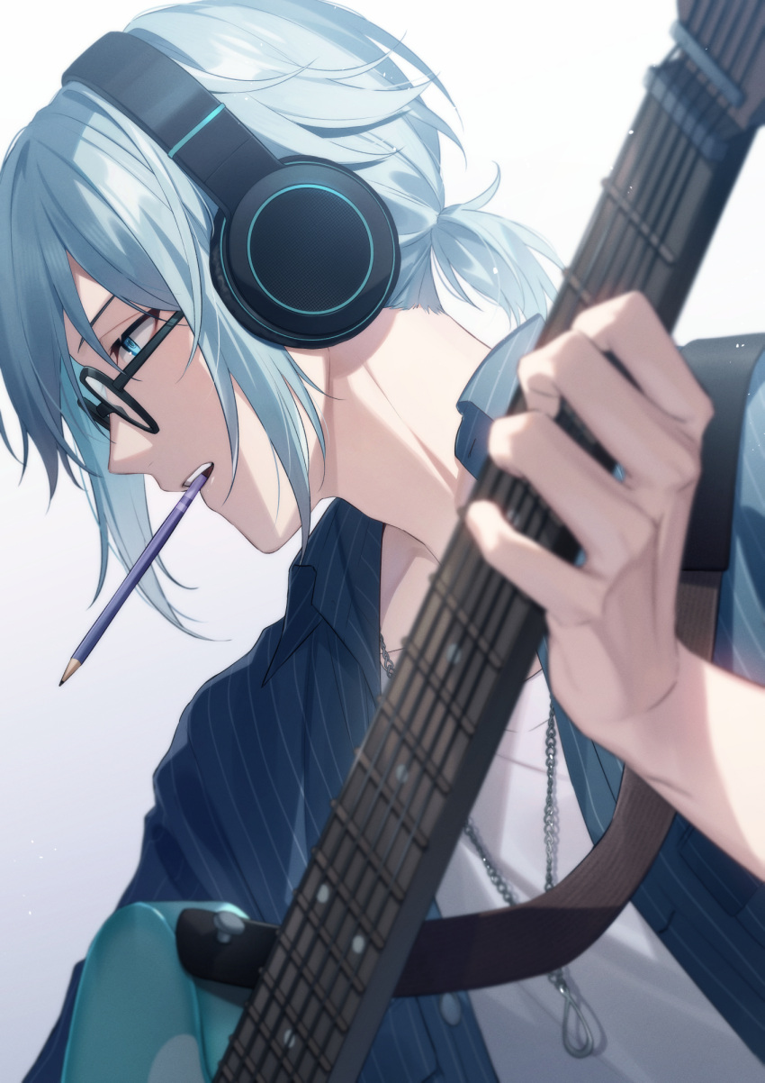 1boy, aiue_o_eiua, bespectacled, black-framed_eyewear, blue_eyes, blue_hair, blue_shirt, commentary_request, from_side, glasses, grey_background, guitar, headphones, highres, holding, holding_guitar, holding_instrument, idolish7, instrument, jewelry, light_blue_hair, male_focus, mouth_hold, necklace, pencil, shirt, short_ponytail, sidelocks, simple_background, solo, undershirt, upper_body, white_shirt, yotsuba_tamaki