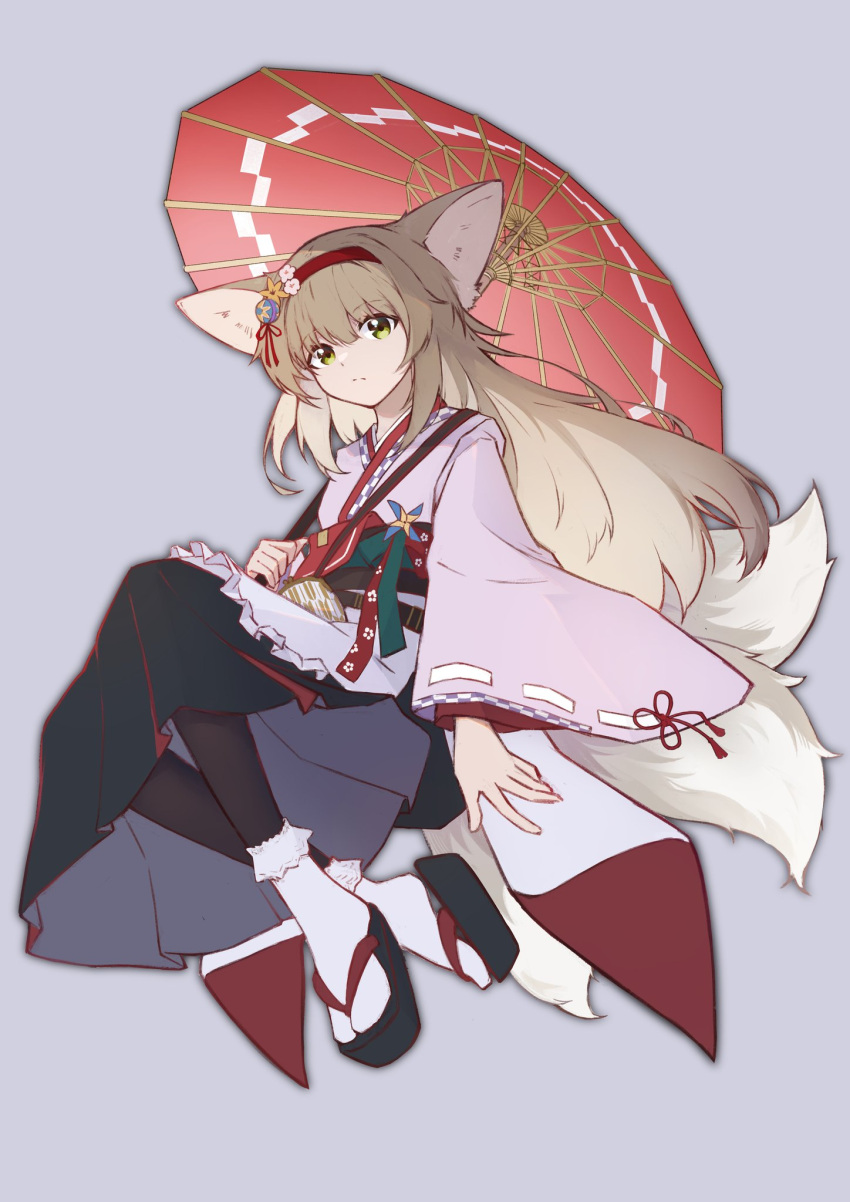 1girl, animal_ears, apron, arknights, black_hakama, black_pantyhose, black_skirt, blonde_hair