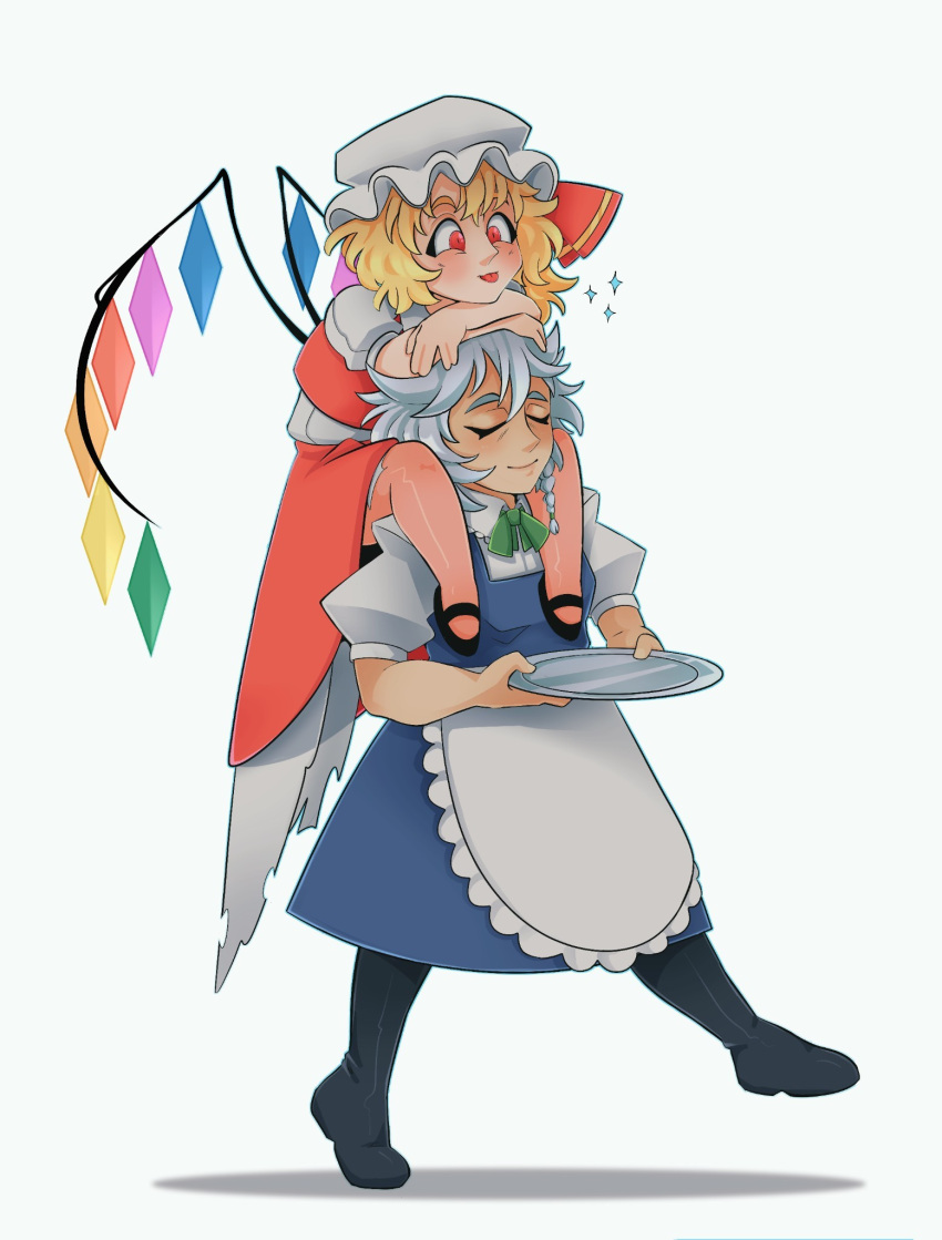2girls, apron, black_footwear, blue_skirt, blue_vest, boots, carrying, carrying_person