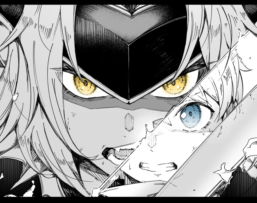 1boy, 1girl, blue_eyes, boss_fight, check_commentary, clenched_teeth, close-up, commentary_request