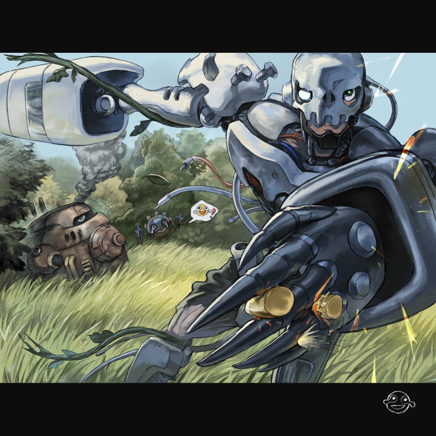 absurdres, android, andromon, between_fingers, blue_sky, bullet, cable, claws