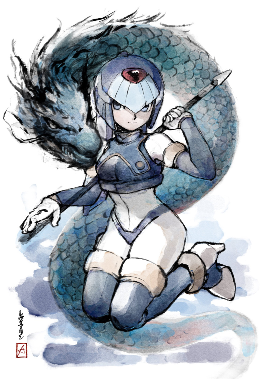1girl, blue_eyes, bodysuit, breasts, crop_top, fish, forehead_jewel, helmet
