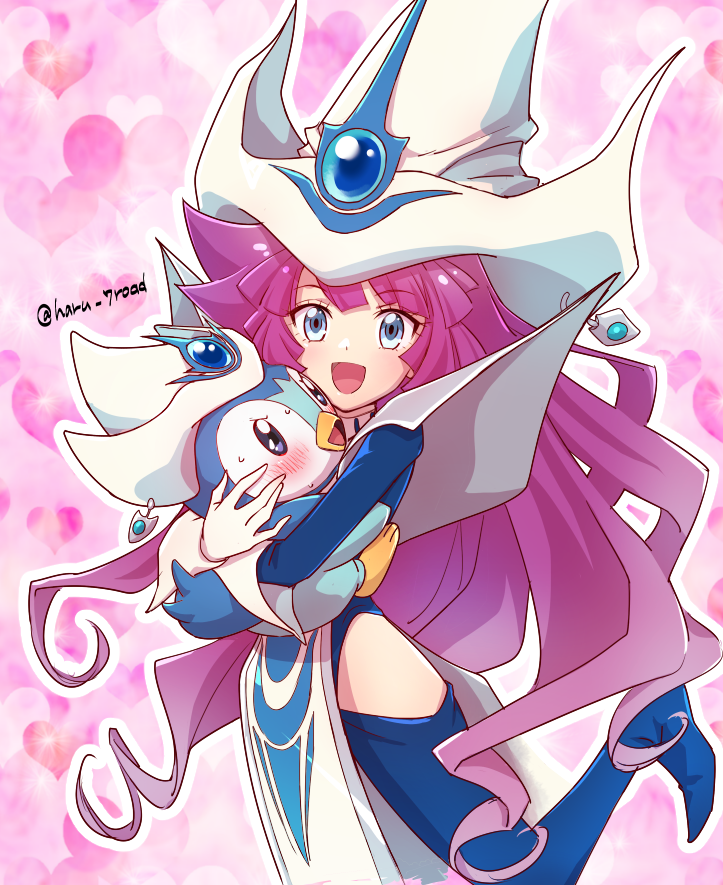 1girl, blue_eyes, blush, cosplay, haru_7road, hip_vent, hug, kirishima_romin, piplup, pokemon, pokemon_(creature), purple_hair, silent_magician, silent_magician_(cosplay), twitter_username, white_headwear, yu-gi-oh!, yu-gi-oh!_sevens