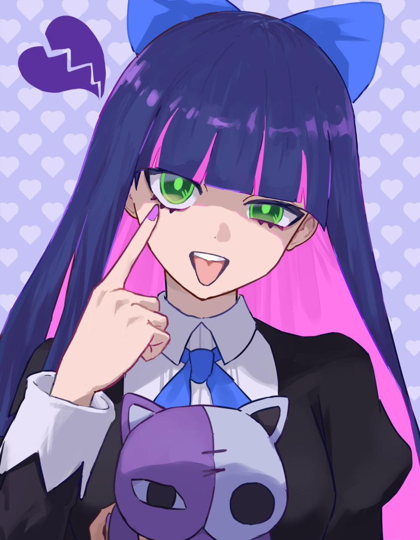 1girl, akanbe, black_dress, blue_bow, blue_ribbon, blunt_bangs, bow, broken_heart