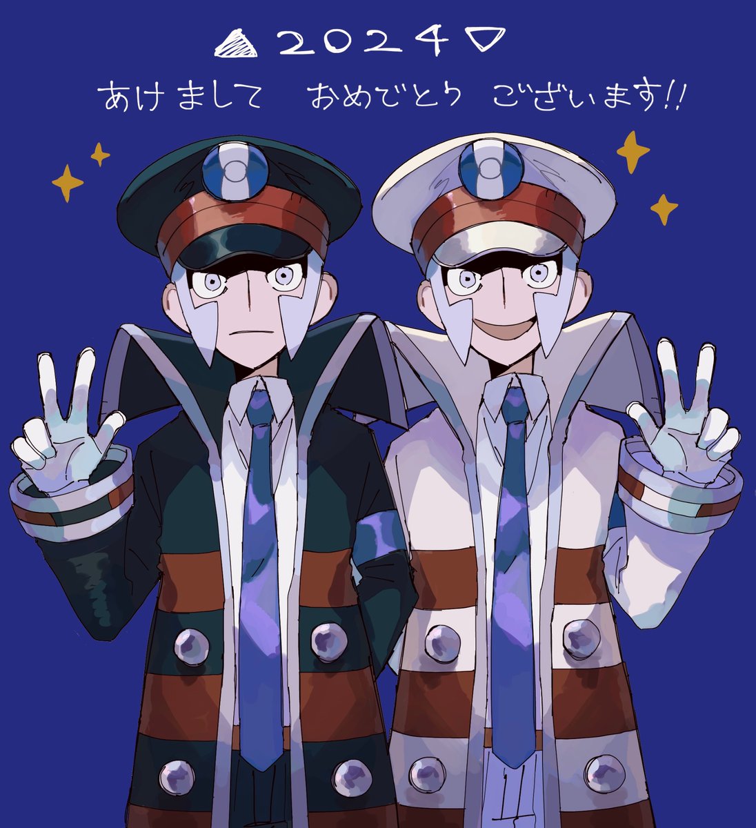 2024, 2boys, arm_behind_back, black_headwear, blue_background, blue_necktie, closed_mouth, collared_jacket, commentary_request, emmet_(pokemon), grey_eyes, hat, highres, ingo_(pokemon), jacket, long_necktie, multiple_boys, necktie, onigiri_niban, open_mouth, pokemon, pokemon_bw, simple_background, smile, sparkle, translation_request, upper_body, w, white_headwear