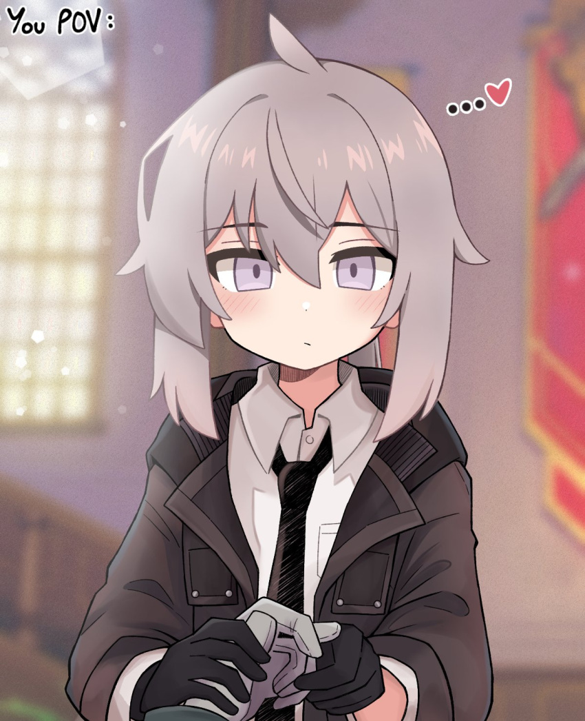 ..., 1girl, 1other, ahoge, black_gloves, black_necktie, blush, breast_pocket