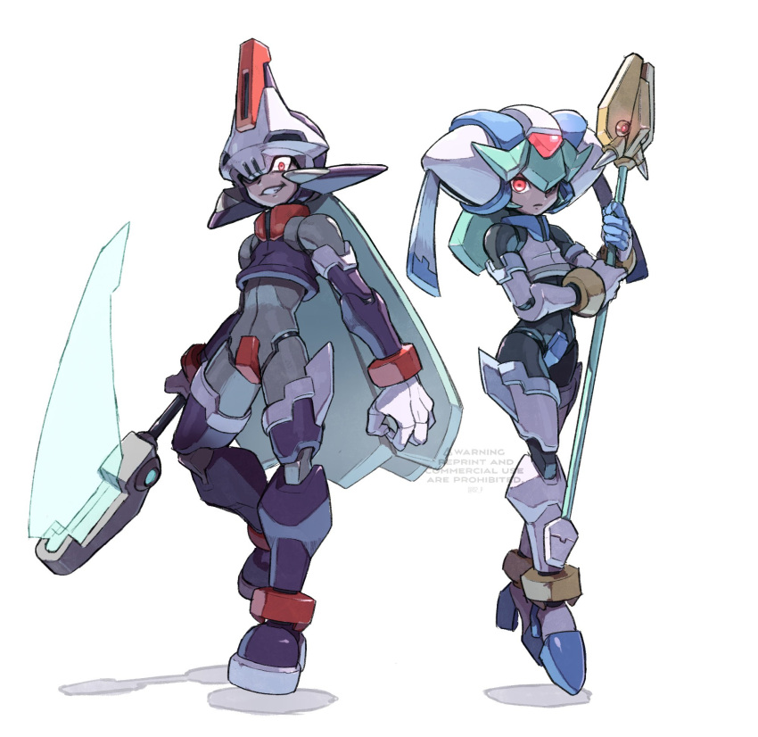 1boy, 1girl, android, blue_hair, bodysuit, energy_blade, energy_weapon, glowing