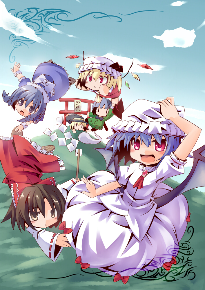 hakurei_reimu, izayoi_sakuya, kirisame_marisa, konpaku_youmu, remilia_scarlet, sukanchinkasu, torii, touhou