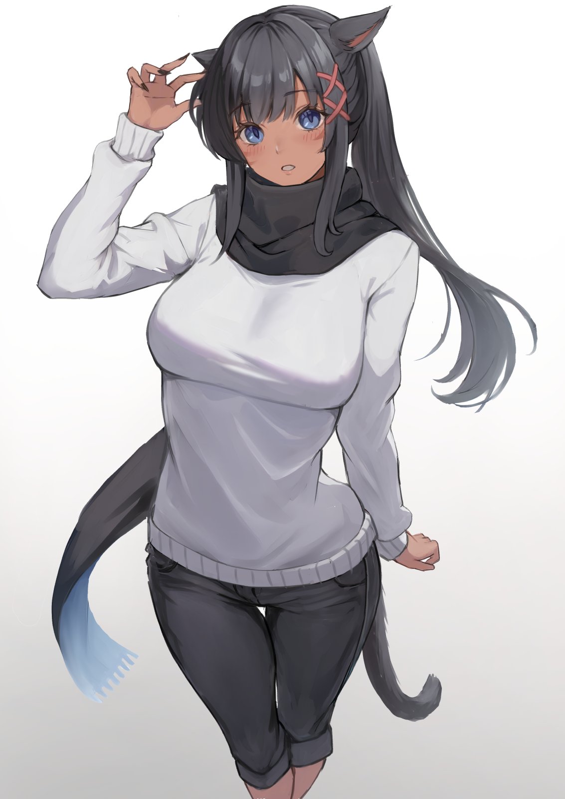 1girl, animal_ears, black_hair, black_pants, black_scarf, blue_eyes, breasts, cat_ears, cat_tail, claw_pose, dark_skin, denim, feet_out_of_frame, final_fantasy, final_fantasy_xiv, highres, jeans, large_breasts, light_blush, long_hair, looking_at_viewer, miqo'te, open_mouth, pants, scarf, simple_background, solo, sweater, tail, torisanff14, warrior_of_light_(ff14), white_background, white_sweater