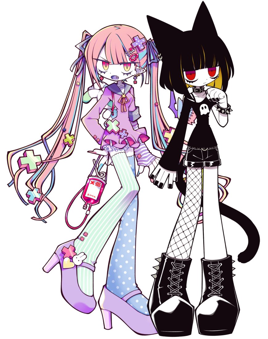 2girls, animal_ears, arm_warmers, black_bracelet, black_collar, black_footwear, black_hair, black_nails