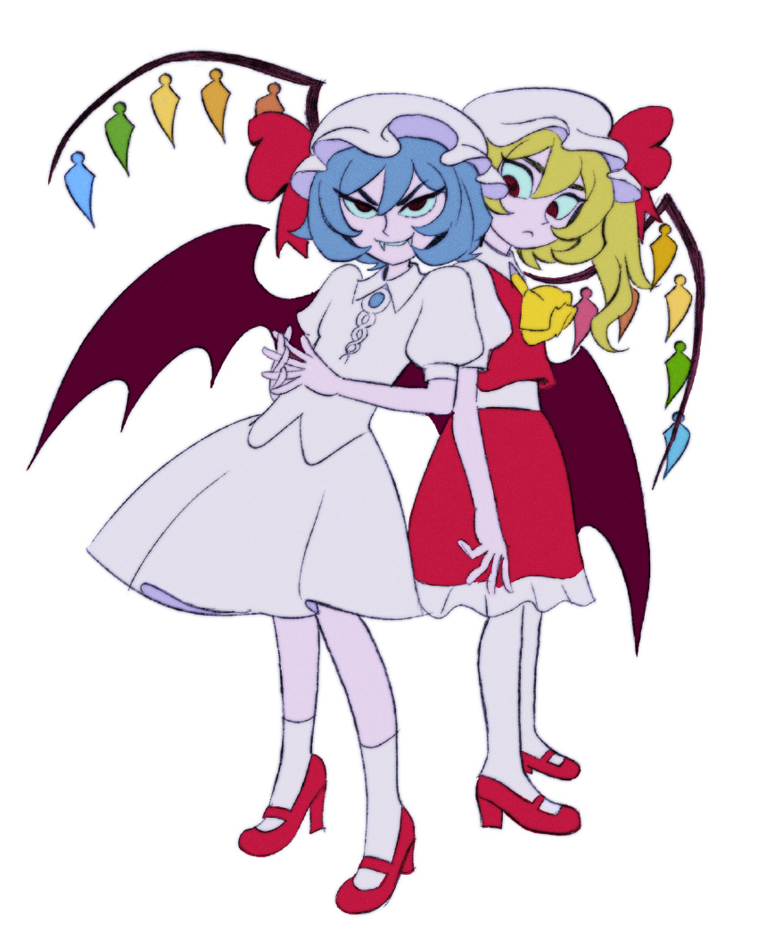2girls, bat_wings, blonde_hair, blue_brooch, blue_hair, closed_mouth, collared_shirt, commentary