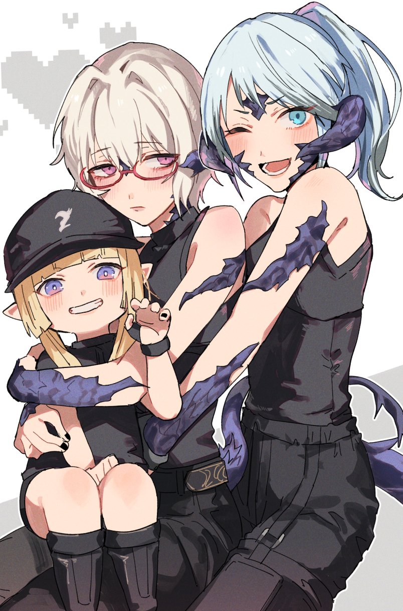 3girls, au_ra, bare_shoulders, baseball_cap, black_pants, black_shirt, black_shorts, blonde_hair, blue_eyes, blue_hair, breasts, brown_hair, cho_kuuki, closed_mouth, downcast_eyes, dragon_horns, dragon_tail, final_fantasy, final_fantasy_xiv, glasses, hair_between_eyes, hat, heart, highres, horns, hug, lalafell, lips, long_bangs, looking_at_viewer, multiple_girls, nail_polish, one_eye_closed, open_mouth, pants, pink_eyes, pointy_ears, ponytail, red-framed_eyewear, scales, shirt, shorts, sitting, sitting_on_lap, sitting_on_person, small_breasts, smile, tail, teeth, violet_eyes