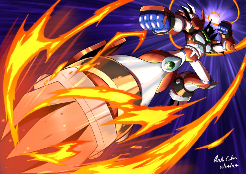 absurdres, armor, bead_necklace, beads, chinese_zodiac, dated, fire, flying_kick, highres, innovator123, jewelry, kicking, magma_dragoon_(mega_man), mega_man_(series), mega_man_x_(series), necklace, non-humanoid_robot, robot, robot_dragon, shaded_face, shoulder_armor, signature, simple_background, year_of_the_dragon