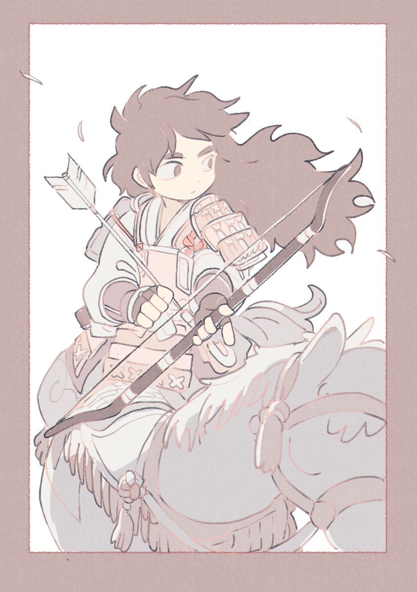 1boy, armor, armored_dress, black_hair, breastplate, closed_mouth, highres, horse, horseback_riding, japanese_armor, japanese_clothes, long_hair, male_focus, mici61, momonosuke_(one_piece), one_piece, pauldrons, riding, shoulder_armor, weapon