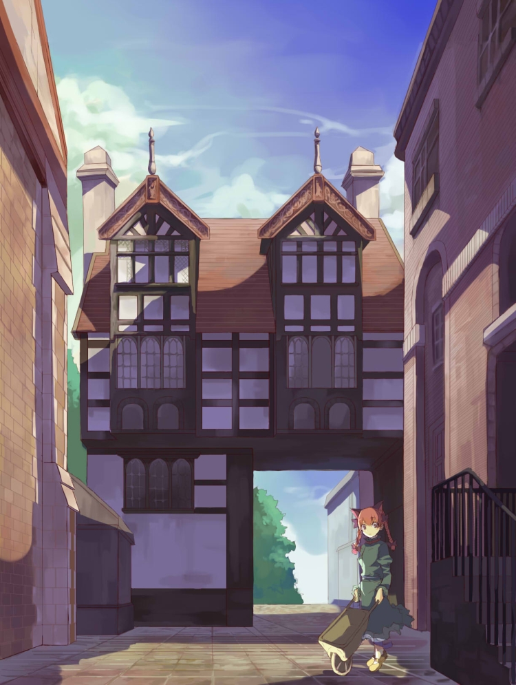 animal_ears, cat_ears, dress, hasebe_yu, kaenbyou_rin, red_hair, redhead, scenery