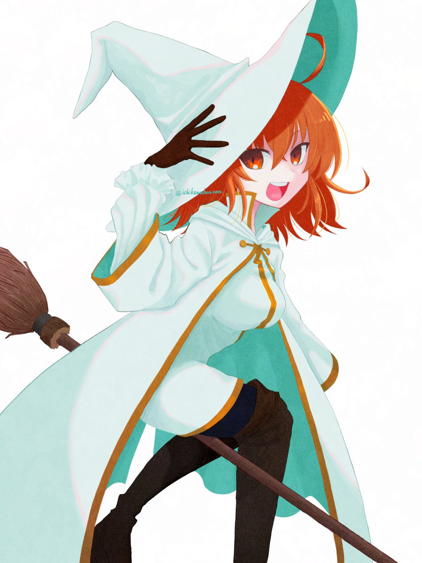 1girl, ahoge, black_gloves, boots, broom, broom_riding, cloak, commentary_request, dress, fate/grand_order, fate_(series), fujimaru_ritsuka_(female), fujimaru_ritsuka_(female)_(wizard_&amp;_priest), gloves, hat, highres, ichikawahonzen, knee_boots, looking_at_viewer, medium_hair, open_mouth, orange_eyes, orange_hair, simple_background, smile, solo, white_background, white_cloak, white_dress, white_headwear, wizard_hat