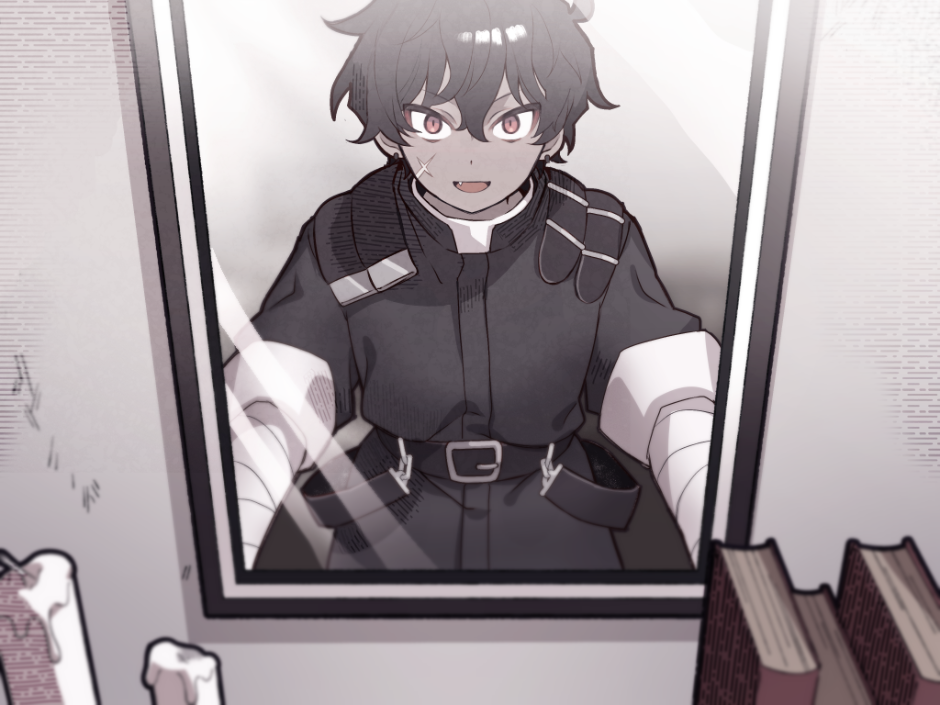 >:), 122pxsheol, 1boy, :d, bandaged_arm, bandages, belial_(happy_saint_sheol), belt