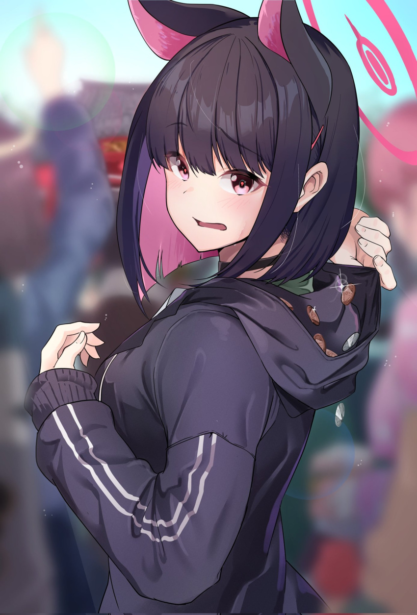 1girl, animal_ears, black_choker, black_hair, black_hoodie, black_jacket, blue_archive, cat_choker