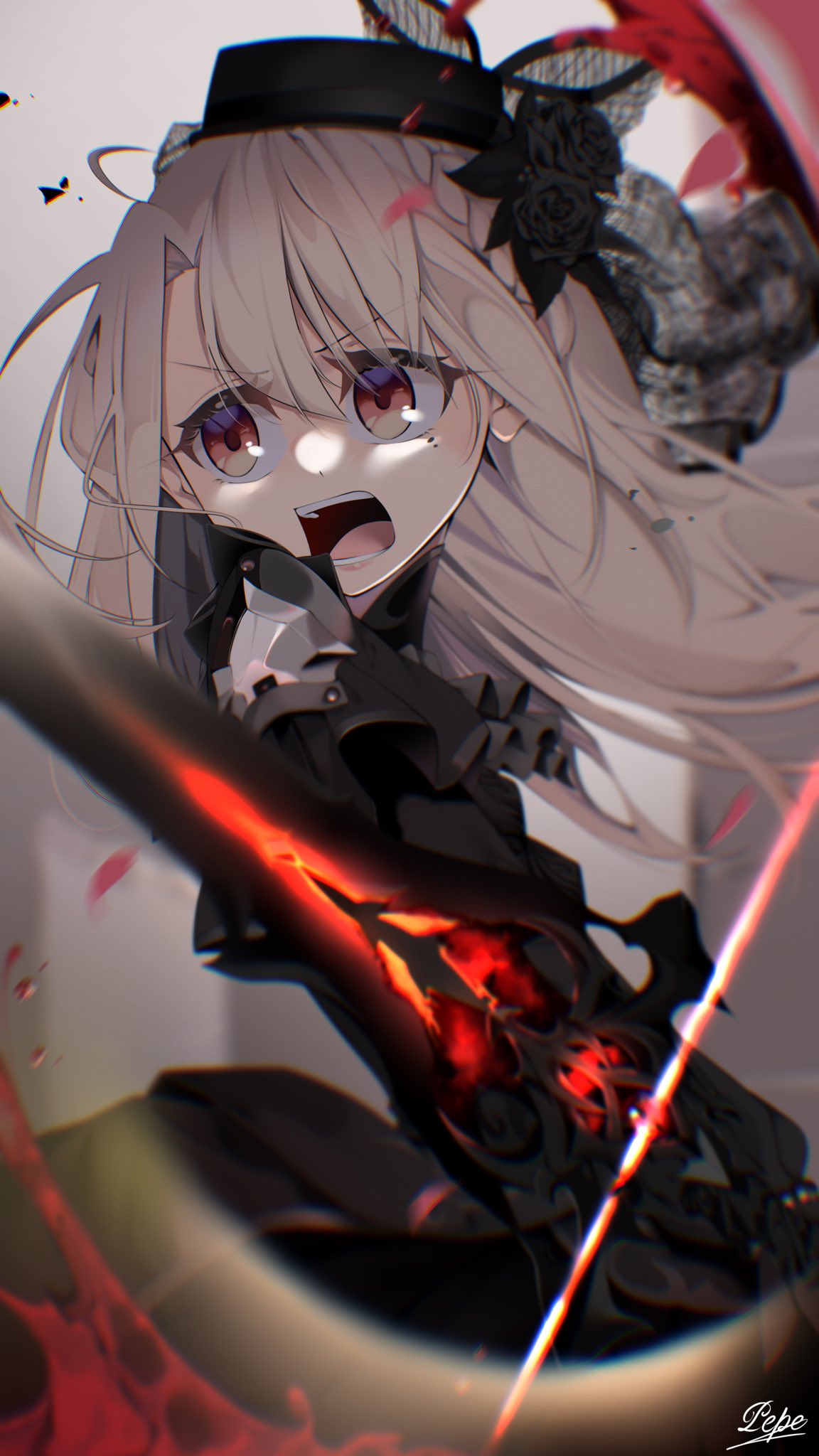 1girl, ascot, balmung_(fate/apocrypha), black_capelet, black_dress, black_flower, black_gloves, black_headwear