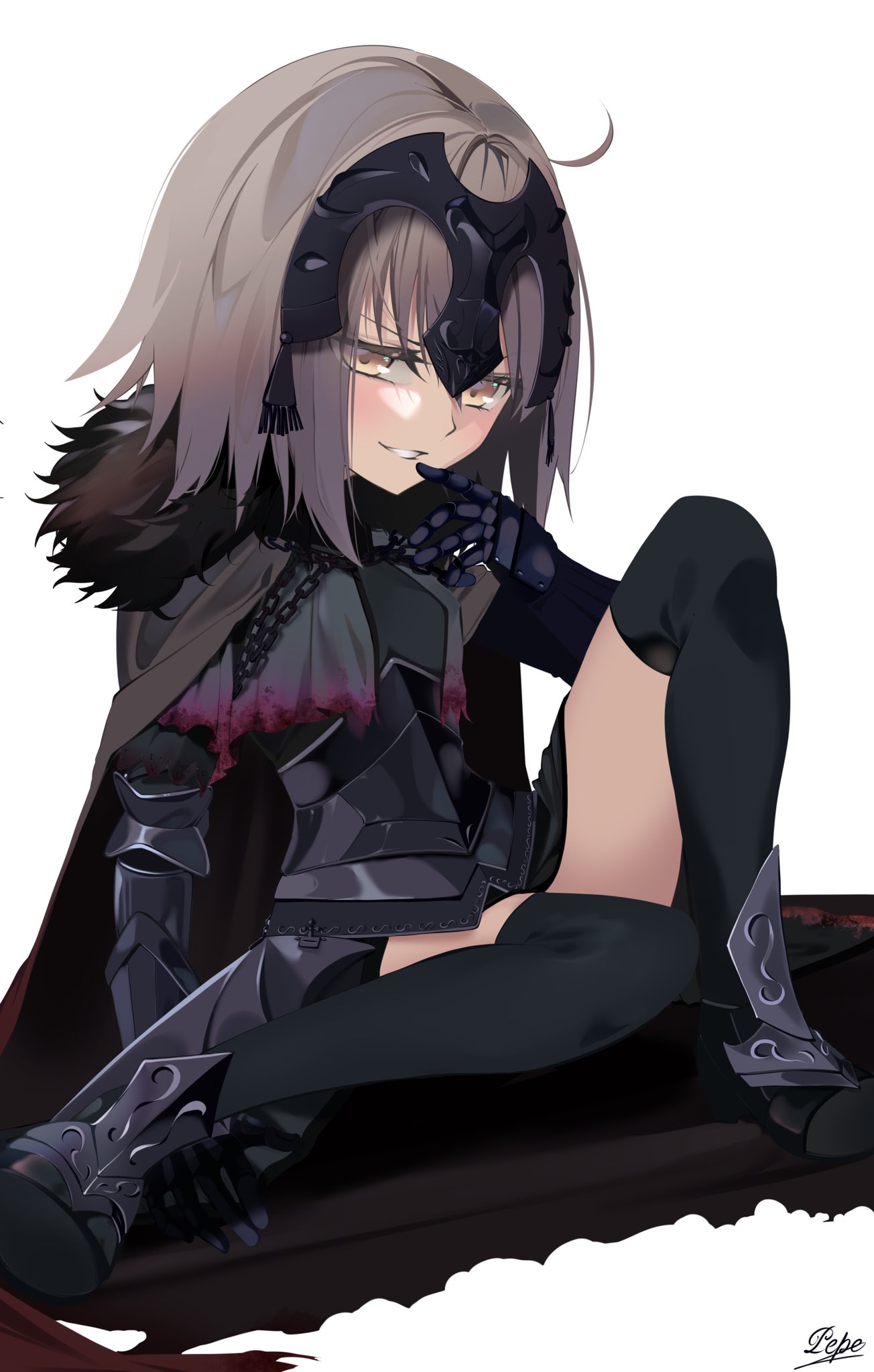1girl, armor, armored_boots, armored_dress, black_dress, black_thighhighs, boots, breasts
