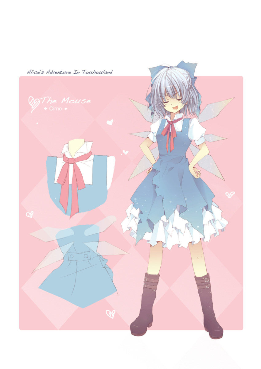 alice_in_wonderland, blue_hair, blue_hallelujah, boots, bow, character_sheet, cirno, closed_eyes, hair_bow, highres, lan_hallelujah, short_hair, solo, touhou, wings