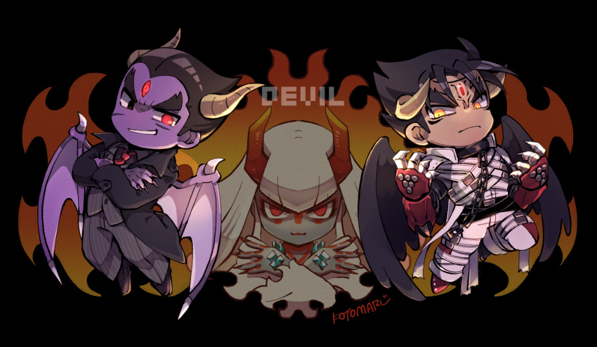 1girl, 2boys, black_coat, black_eyes, black_hair, black_wings, blunt_bangs, claws