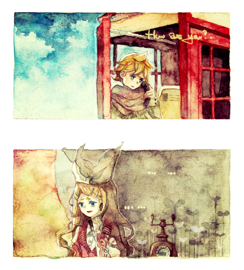..., 1boy, 1girl, antique_phone, blonde_hair, bow, brother_and_sister, buttons