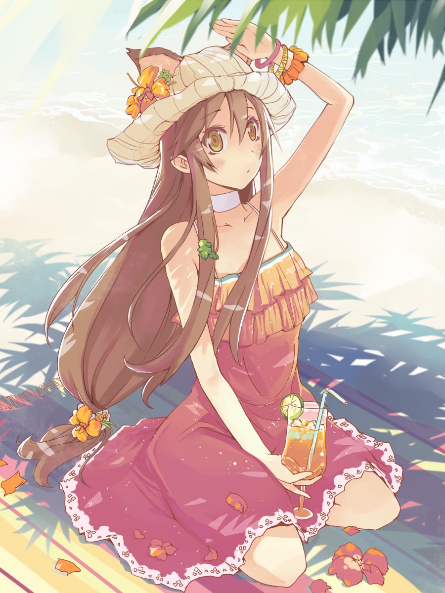 animal_ears, arm_up, bad_id, beach, bracelet, brown_eyes, brown_hair, chanchan