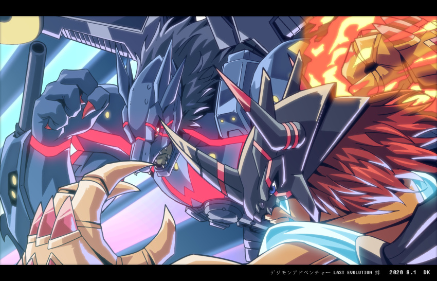 2boys, agumon_-yuki_no_kizuna-, arm_cannon, armor, black_hair, blue_eyes, dated, digimon