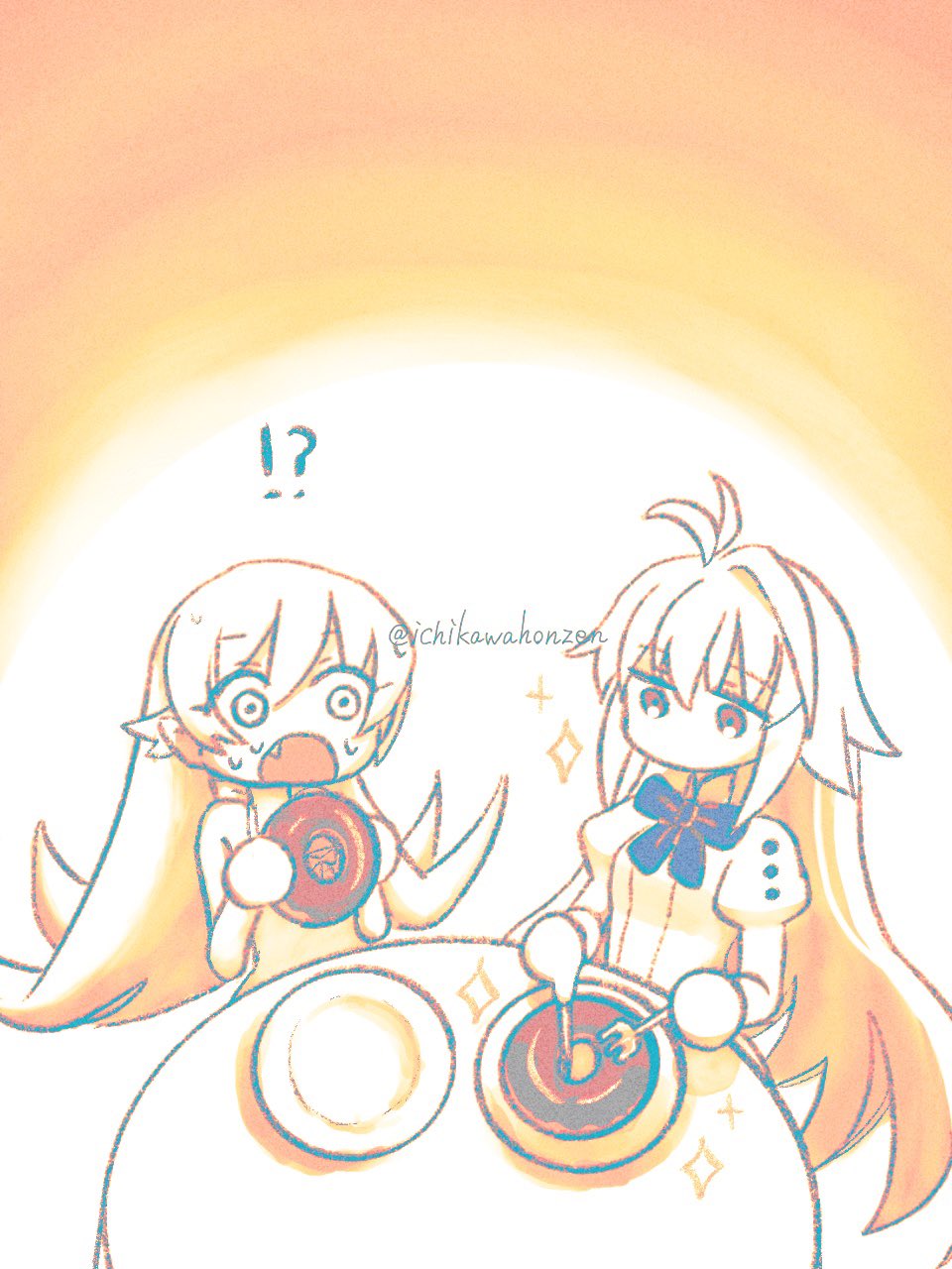 !?, 2girls, antenna_hair, arcueid_brunestud, bow, bowtie, commentary_request, crossover