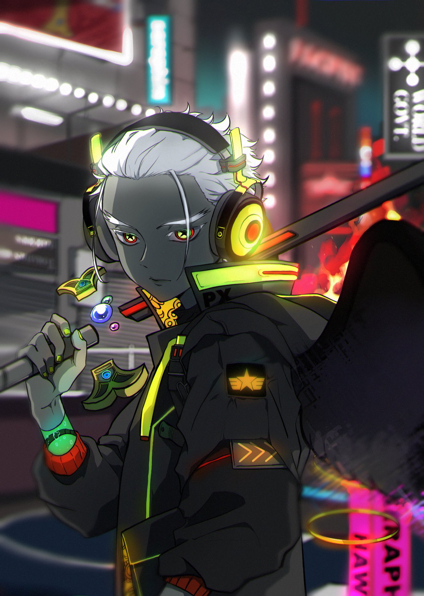 1boy, black_wings, dark_skin, hair_slicked_back, headphones, highres, hood, looking_at_viewer