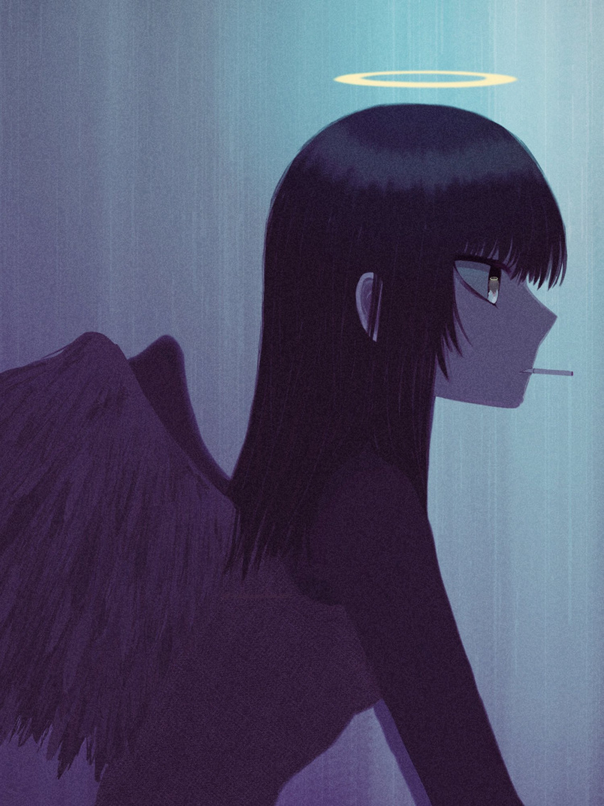 1girl, black_hair, black_wings, cigarette, feathered_wings, from_side, haibane_renmei, halo, highres, ichikawahonzen, long_hair, profile, reki_(haibane), solo, upper_body, wings