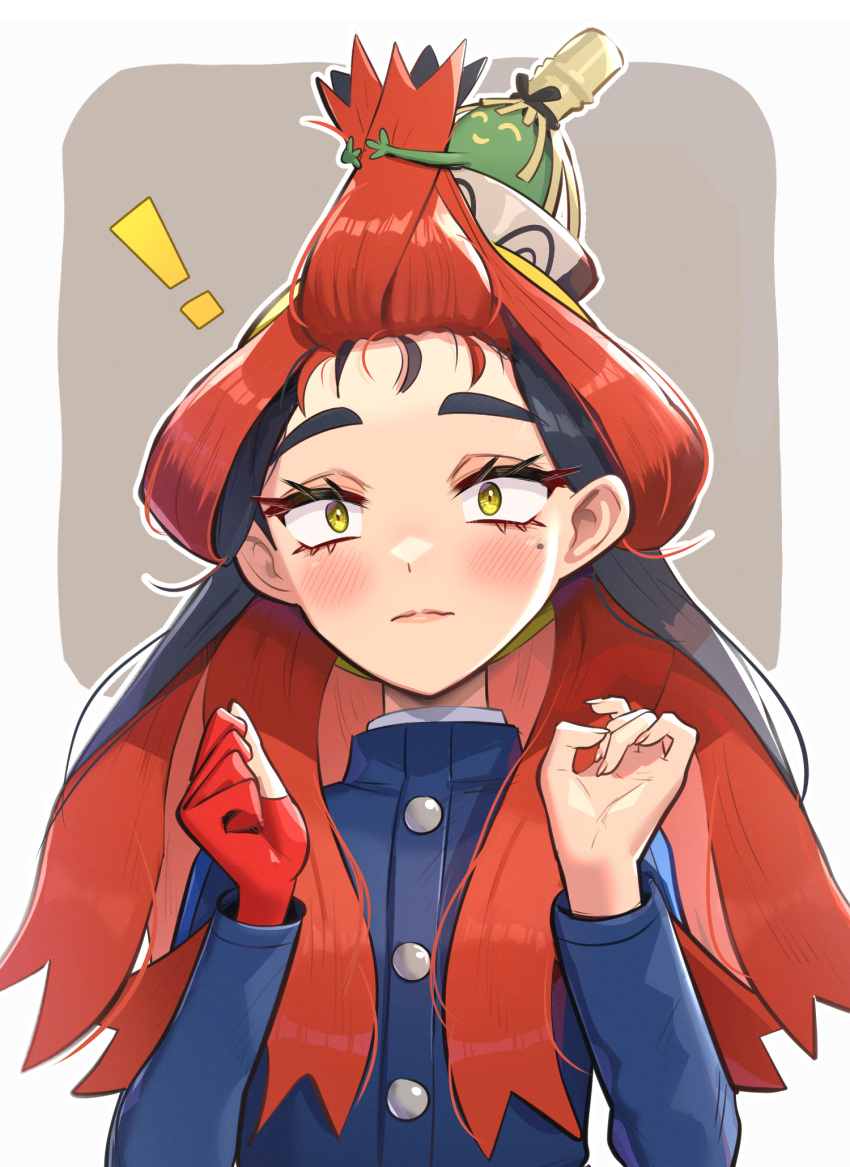 !, 1girl, adjusting_hair, black_hair, blush, buttons, carmine_(pokemon), closed_mouth, colored_inner_hair, eyelashes, fingerless_gloves, gloves, gonzarez, grey_background, highres, mole, mole_under_eye, multicolored_hair, pokemon, pokemon_(creature), pokemon_sv, red_gloves, redhead, revision, sinistcha, two-tone_background, two-tone_hair, upper_body, white_background, yellow_eyes