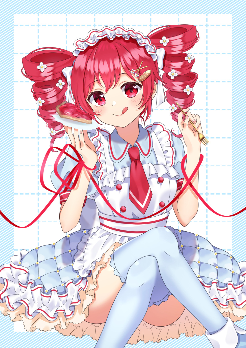 1girl, absurdres, apron, back_bow, blush, bow, bread_hair_ornament, collared_dress