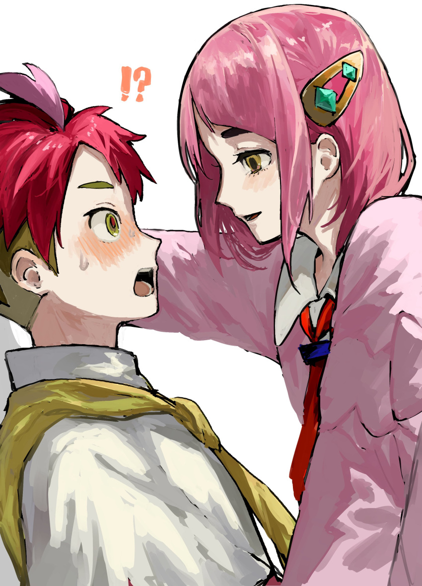 !?, 1boy, 1girl, absurdres, blush, brown_eyes, commentary_request, crispin_(pokemon)
