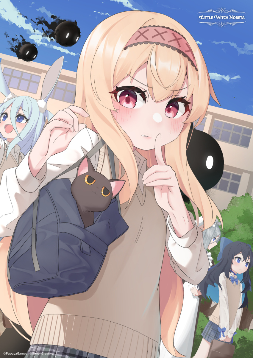 3girls, animal_ears, artist_request, bag, black_cat, blonde_hair, blue_eyes, blush