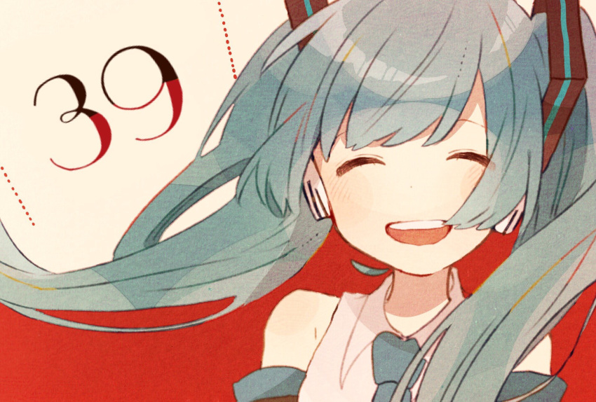 1girl, 39, blue_hair, closed_eyes, collared_shirt, detached_sleeves, facing_viewer, hair_ornament