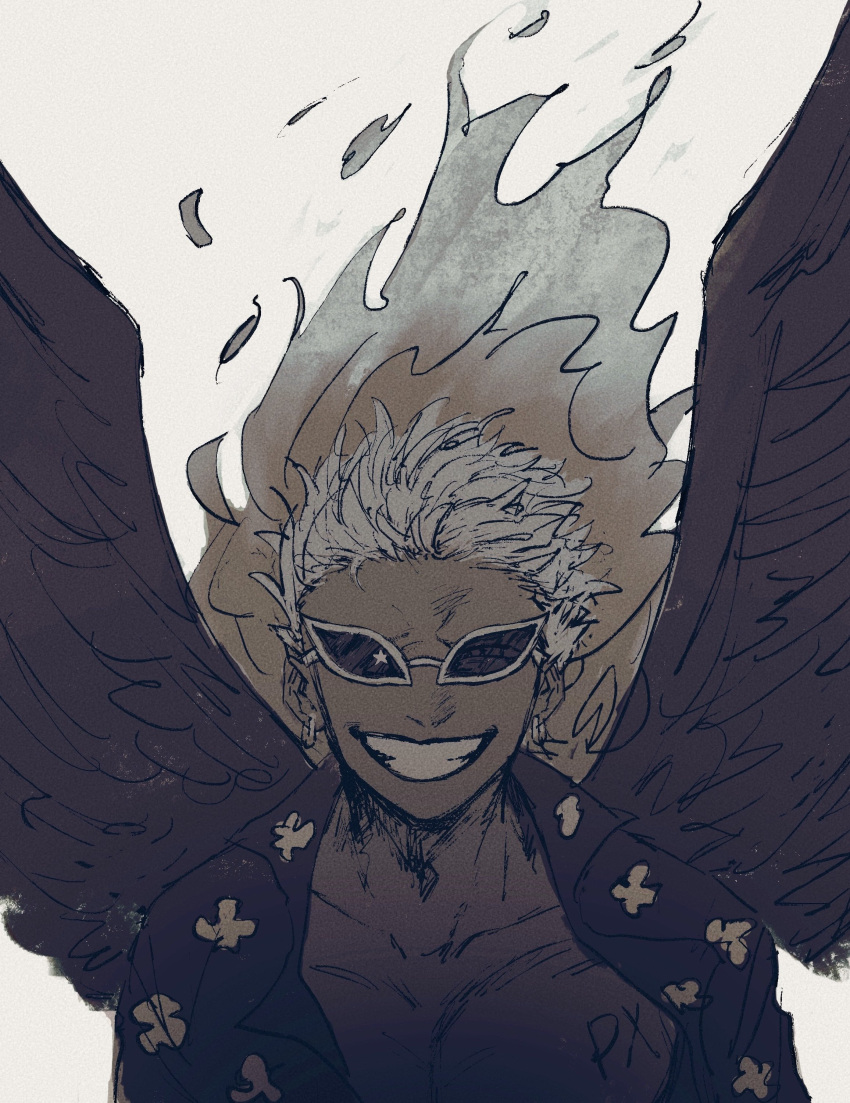 1boy, absurdres, black_wings, hair_slicked_back, highres, looking_at_viewer, male_focus, one_piece