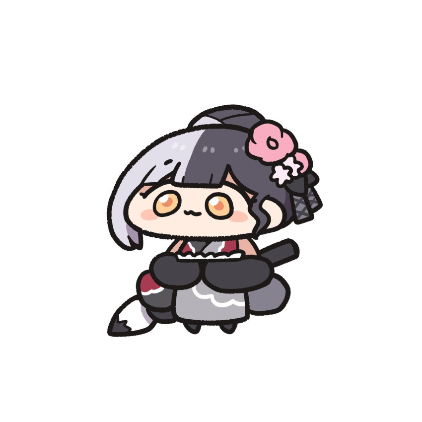 1girl, black_hair, calligraphy_brush, chibi, flower, giant_brush, grey_hair, grey_kimono
