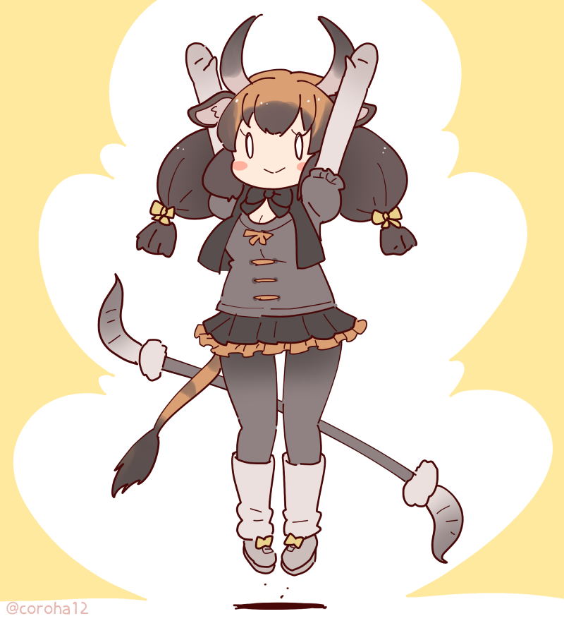 1girl, animal_ears, arms_up, banteng_(kemono_friends), black_hair, bow, bowtie, coroha