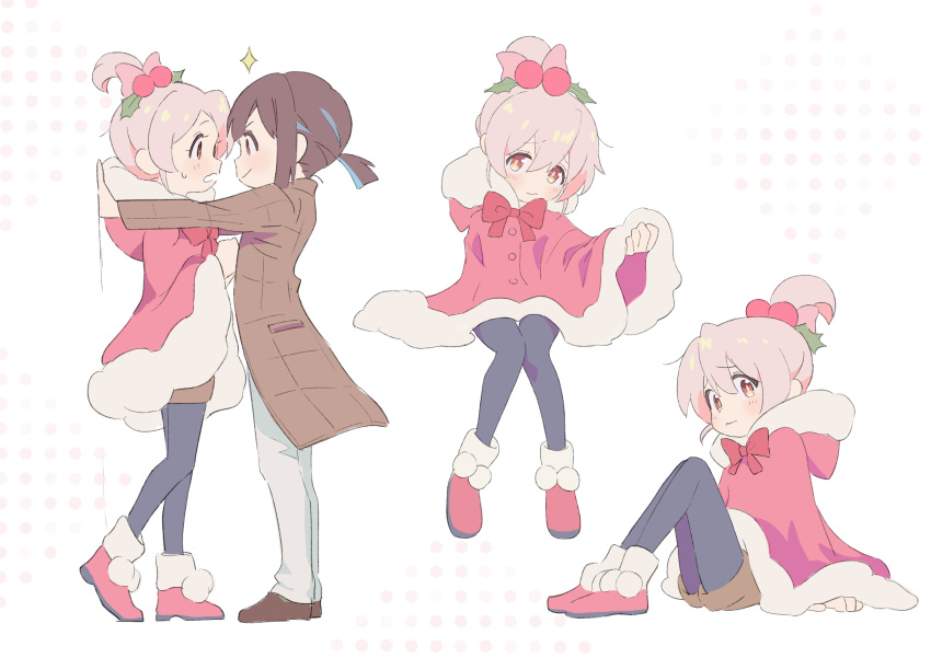 2girls, ahoge, black_pantyhose, blue_hair, boots, bow, brown_coat, brown_eyes