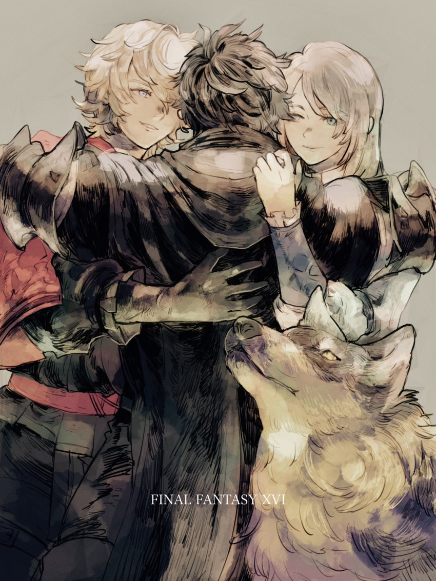 1girl, 2boys, armor, black_cape, black_hair, blonde_hair, cape, clive_rosfield, copyright_name, final_fantasy, final_fantasy_xvi, grey_hair, grey_wolf, group_hug, highres, hug, jill_warrick, joshua_rosfield, looking_at_another, multiple_boys, smile, torgal_(ff16), wolf, zerou_pan