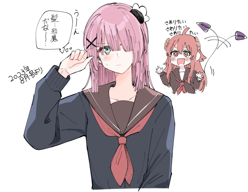 2girls, 6t24413, ahoge, blush, brown_eyes, brown_hair, chiyoda_momo, curled_horns