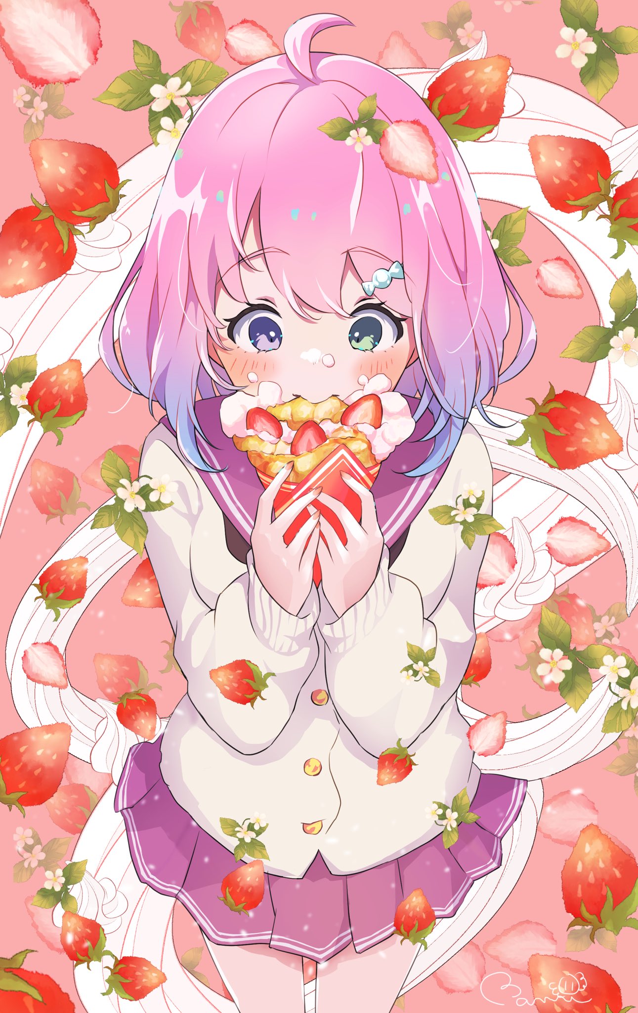blush, candy_hair_ornament, crepe, eating, flower, food, food-themed_hair_ornament, fruit, green_eyes, hair_ornament, hairclip, hatanaka_marie, heterochromia, highres, himemori_luna, holding, holding_food, hololive, multicolored_hair, pink_hair, sailor_collar, skirt, strawberry, strawberry_blossoms, sweater, violet_eyes, virtual_youtuber