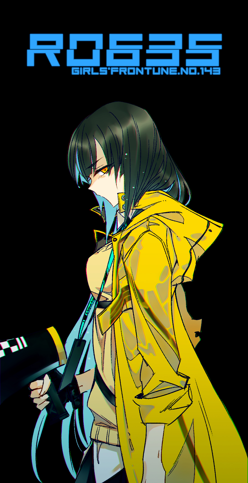 1girl, black_background, black_gloves, black_hair, black_skirt, breasts, character_name, chinese_commentary